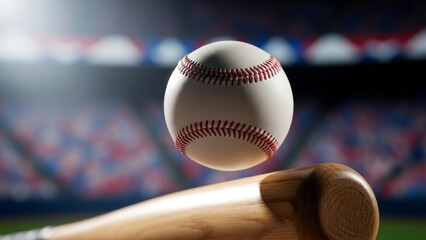 Crisp white baseball suspended above a classic wooden bat within a vibrant stadium setting