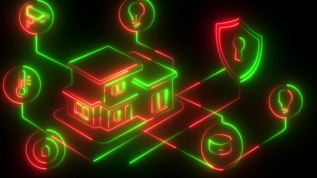 A futuristic home with smart technology, featuring icons for security, lighting, and temperature control. This image illustrates advanced home automation and connectivity. on black background .
