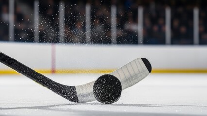 Dynamic ice hockey action with stick hitting puck and ice particles scattering on frozen rink