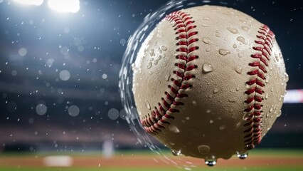 Dynamic close-up of a wet baseball glistening with water droplets under bright stadium lights