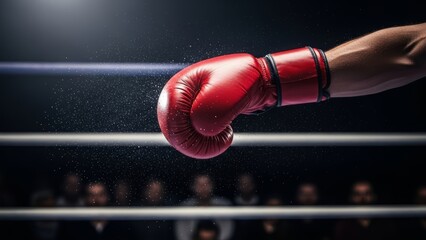 Powerful red boxing glove striking mid-air within a spotlighted arena showcasing athletic