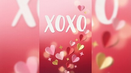 xoxo love text with 3d paper hearts, pink red gradient background, valentine day greeting card, cute holiday celebration, gold sparkles and confetti, abstract festive wallpaper, romantic art concept.