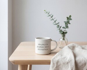 Minimal mug with motivational quote and eucalyptus on wooden table
