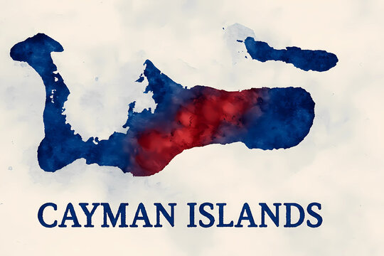 Artistic watercolor map of the Cayman Islands with vibrant blue and red colors highlighting the tropical Caribbean territory