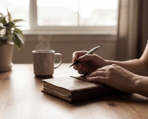 Hands writing in journal at wooden table with coffee in morning light