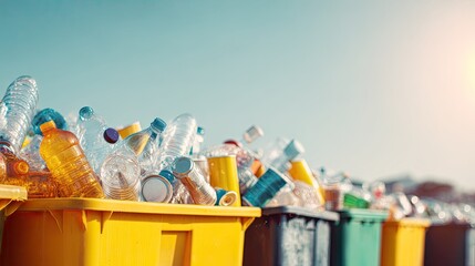 Full recycling bins overflowing with plastic bottles aluminum cans