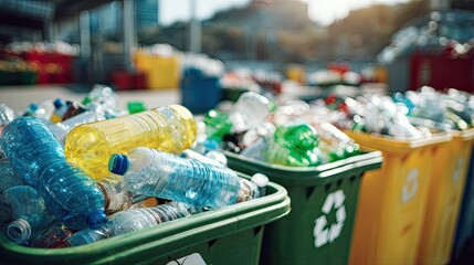 Full recycling bins overflowing with plastic bottles aluminum cans