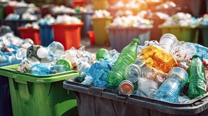 Full recycling bins overflowing with plastic bottles aluminum cans