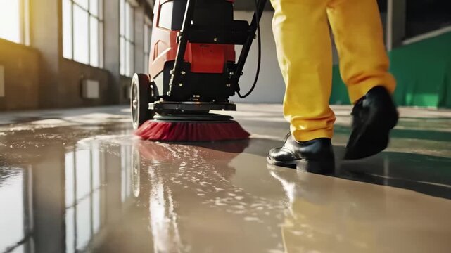 Worker operating a floor scrubber machine to clean a wet industrial floor