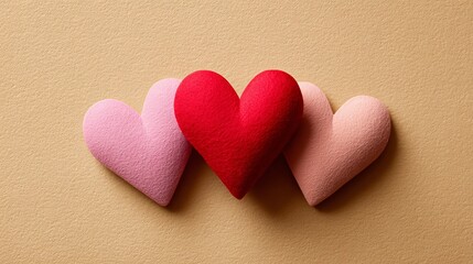 Fototapeta premium Three heart-shaped pillows in pink and red on a beige background