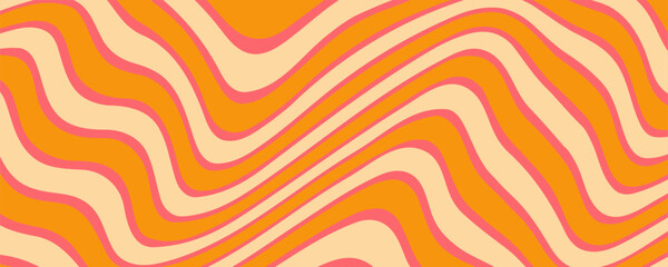 Wavy Swirl Seamless Pattern in Orange and Pink Colors. Hand-Drawn Vector Illustration. Seventies Style, Groovy Background, Wallpaper, Print. Flat Design, Hippie Aesthetic.