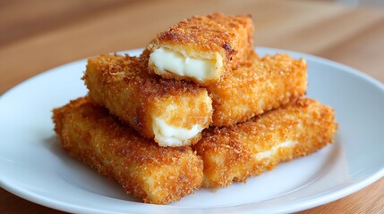 Close-up of golden-brown fried cheese sticks stacked on a white plate, creamy center visible