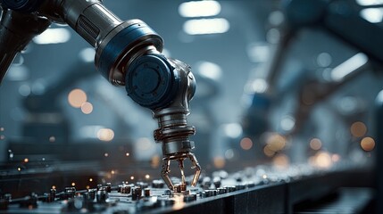 Robotic arm building electronic circuit on assembly line