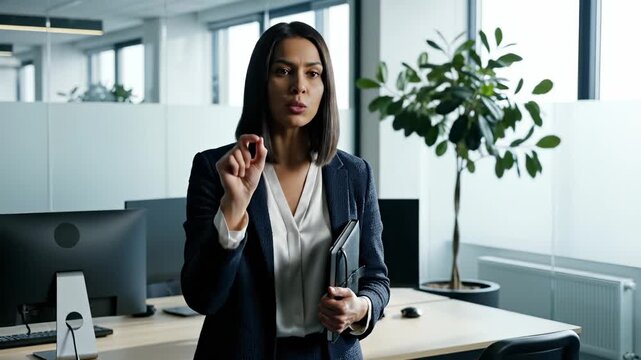 Businesswoman explains idea with hand gesture in office. Woman manager presents concept at workspace desk. Professional businesswoman speaks at modern office. Manager with folder gestures while