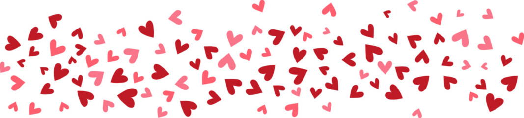 Heart Confetti Background, Love glitter for Valentine's day, Red, pink and rose hearts flying, frame or border for 14 February