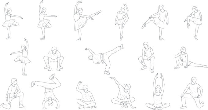 Set of minimalist outline sketches of ballet dancers and street dancers, active people in yoga and breakdance poses, artistic human figures for lifestyle design and architectural rendering.