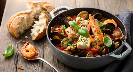 Fresh Seafood Stew Pot Rustic Bread Wooden Table