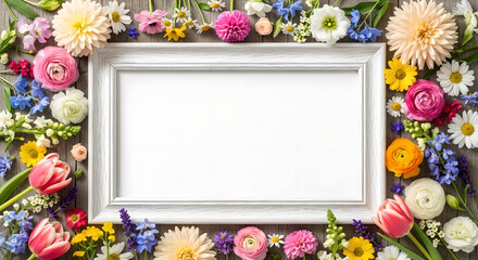 Multicolor Floral Frame Rustic Wooden Background Flat Lay