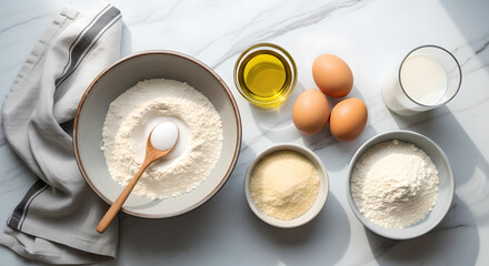 Baking Ingredients Flour Eggs Milk Oil White Marble Surface