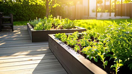 Beautiful raised garden beds with lush green plants in sunlit backyard