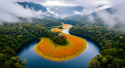 Green Forest River Landscape Orange Bank Misty Aerial