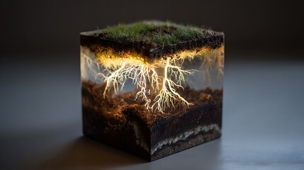 Illuminated cube of soil, grass, and roots. Artistic representation of a subterranean ecosystem
