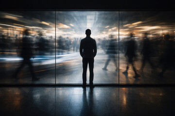 Metaphorical image of a person standing still while life passes by around them, symbolizing disengagement, hesitation, and the feeling of watching one&rsquo;s own life from the outside