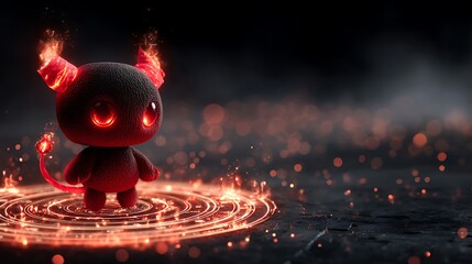 Adorable cartoon demon character with fiery horns and tail, standing on a glowing circle