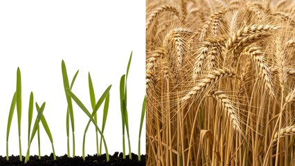 Comparison of young green cereal sprouts and ripe golden wheat harvest crops