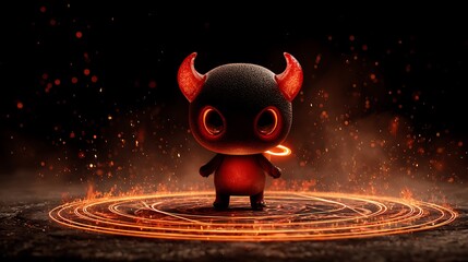 Adorable cartoon demon character with glowing eyes, horns, and fiery effects in a dark scene