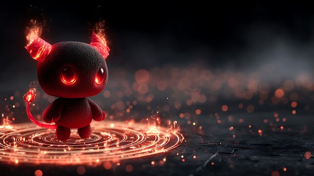 Adorable cartoon demon character with fiery horns and tail, standing on a glowing circle - Powered by Adobe