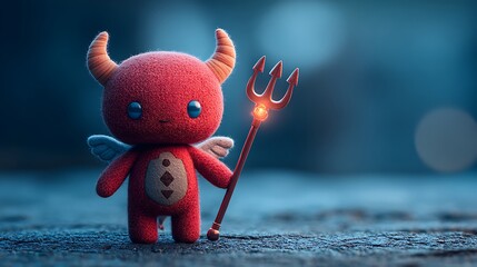 A cute, red devil plush toy with wings and a trident, standing outdoors