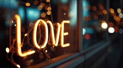 A neon sign reading love in a window at night with blurred city lights in the background.