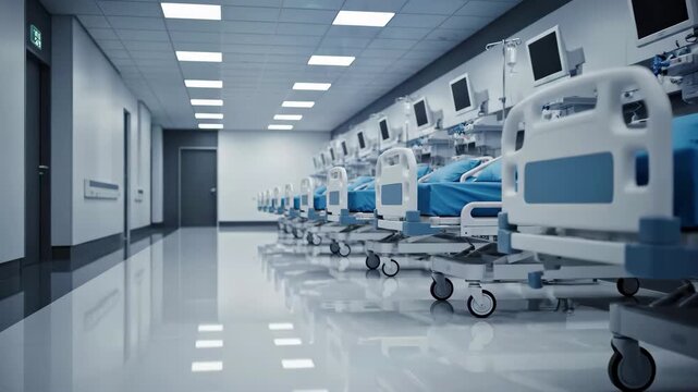 Row of empty hospital beds with monitoring equipment in a modern, sterile corridor