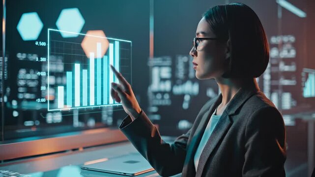 Businesswoman analyzes data chart on holographic display in office. Woman studies digital graph in futuristic workspace. Analyst reviews data on virtual screen. Businesswoman with chart display.