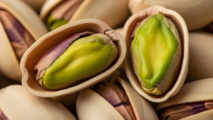 Close-up Macro of Open Pistachio Nuts with Green Kernels and Shells