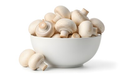 White Ceramic Bowl Filled with Fresh Button Mushrooms Isolated on White Background