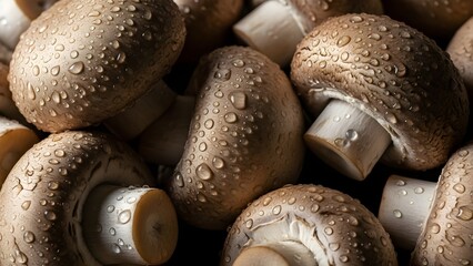 Fresh Organic Cremini Mushrooms with Water Droplets Illustration, Macro View of Raw Brown Agaricus Bisporus for Culinary Concepts