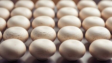 Symmetrical Rows of Fresh White Button Mushrooms for Culinary Background