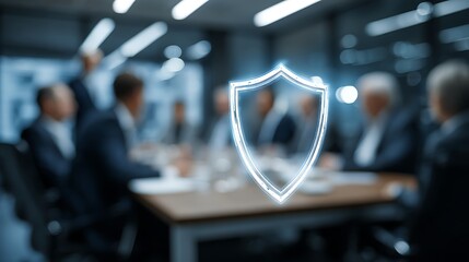 Meeting of professionals around a table, with a glowing shield overlay, suggesting security
