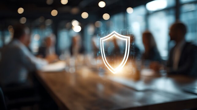 Glowing shield hologram representing data security in a blurred business meeting - Powered by Adobe