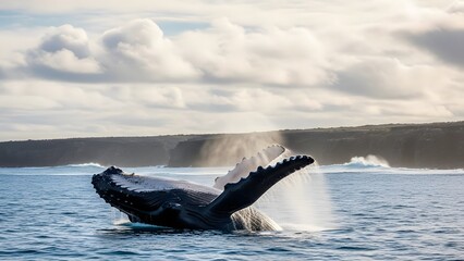 Oceanic Majesty: A humpback whale breaches the ocean's surface, a magnificent display of aquatic power and grace against a backdrop of cloudy skies.