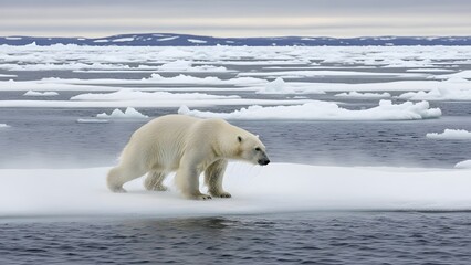 Polar Bear on Ice: A majestic polar bear navigates an icy expanse, embodying the raw beauty and harsh reality of the Arctic wilderness.