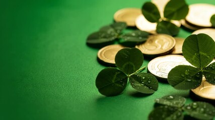 Green clover and gold coin on St. Patricks day. Irish lucky shamrock with a coin. Traditional holiday concept.