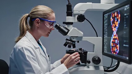 African american male doctor pointing at holographic dna strand display while consulting with a female medical professional in a hightech operating room setting - Powered by Adobe
