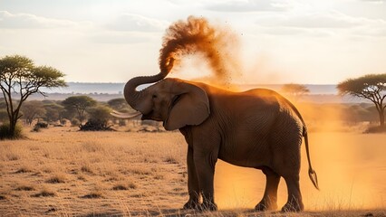 Elephant's Dust Bath: A majestic elephant cools down in the scorching savanna heat by taking a dust bath, showcasing its resilience and adaptability in the wild.
