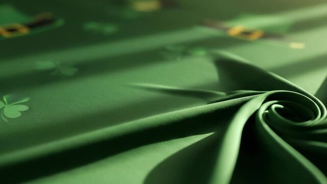 Green fabric with Saint Patricks Day shamrock and leprechaun hat pattern design animation. Seasonal holiday background for celebration.