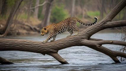 Leopard on a Log: A majestic leopard gracefully treads along a fallen log suspended over a flowing river, showcasing the animal's agility and adaptability in its natural habitat.