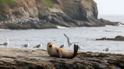 Coastal Respite: A sea lion rests peacefully on a rocky shore, surrounded by soaring seagulls, with the ocean waves gently lapping in the background, a testament to nature's tranquility.