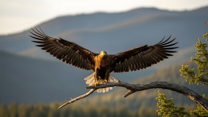 Eagle in the wilderness: A majestic eagle, with its wings fully extended, perches gracefully on a branch in the wilderness. it is captured with a mountain backdrop.